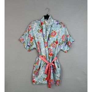 Silx By August Silk Robe Womens Medium Blue Floral 100% Silk Kimono Belted